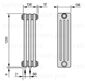 Схема (чертеж) Радиатор Zehnder Charleston 4120/3 №3370 Белый глянцевый RAL 9016
